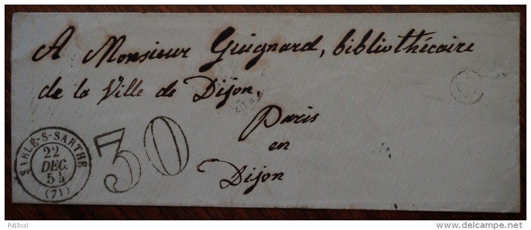 Enveloppe Avec Cad De Sablé Sur Sarthe, Adressée à Monsieur Guignard Bibliothécaire à Dijon, Par Paris 1854 - 1849-1876: Période Classique