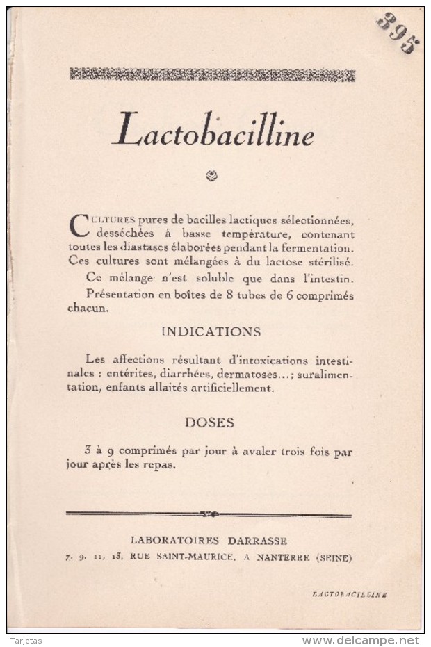 FOLLETO PUBLICITARIO DE LACTOBACILLINE DE LABORATOIRES DARRASSE - Publicidad