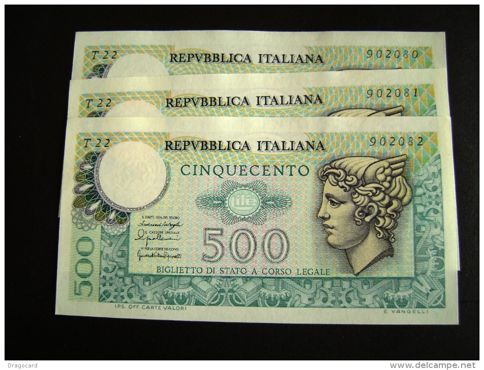 Lotto 3 Banconote Serie Consecutive  500 LIRE MERCURIO 1976 FDS - 500 Lire