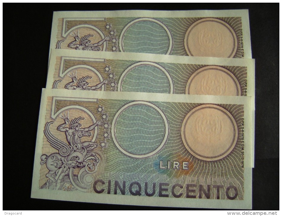 Lotto 3 Banconote Serie Consecutive  500 LIRE MERCURIO 1976 FDS - 500 Lire