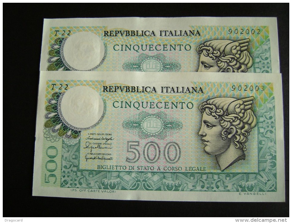 Lotto 2 Banconote Serie Consecutive  500 LIRE MERCURIO 1976 FDS - 500 Liras