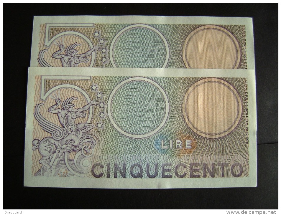 Lotto 2 Banconote Serie Consecutive  500 LIRE MERCURIO 1976 FDS - 500 Lire