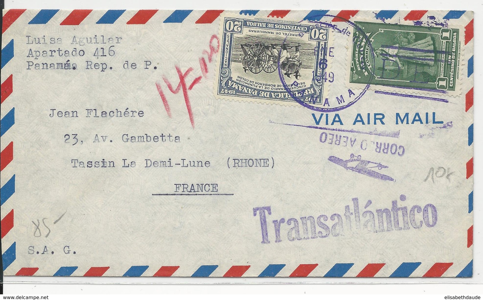 PANAMA - 1949 - ENVELOPPE AIRMAIL Pour TASSIN LA DEMI-LUNE - Panamá