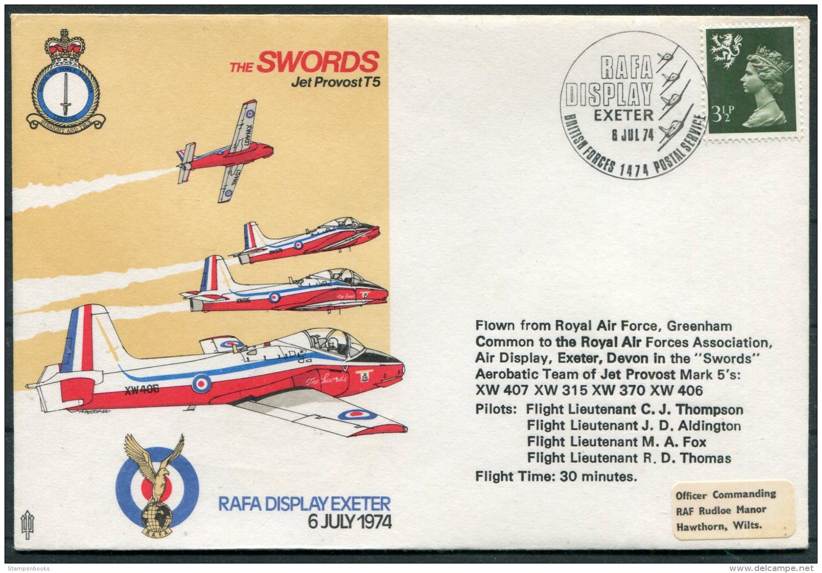 1974 GB RAF Display Exeter 'The Swords' BFPS Rudloe Manor Flight Cover - Covers & Documents