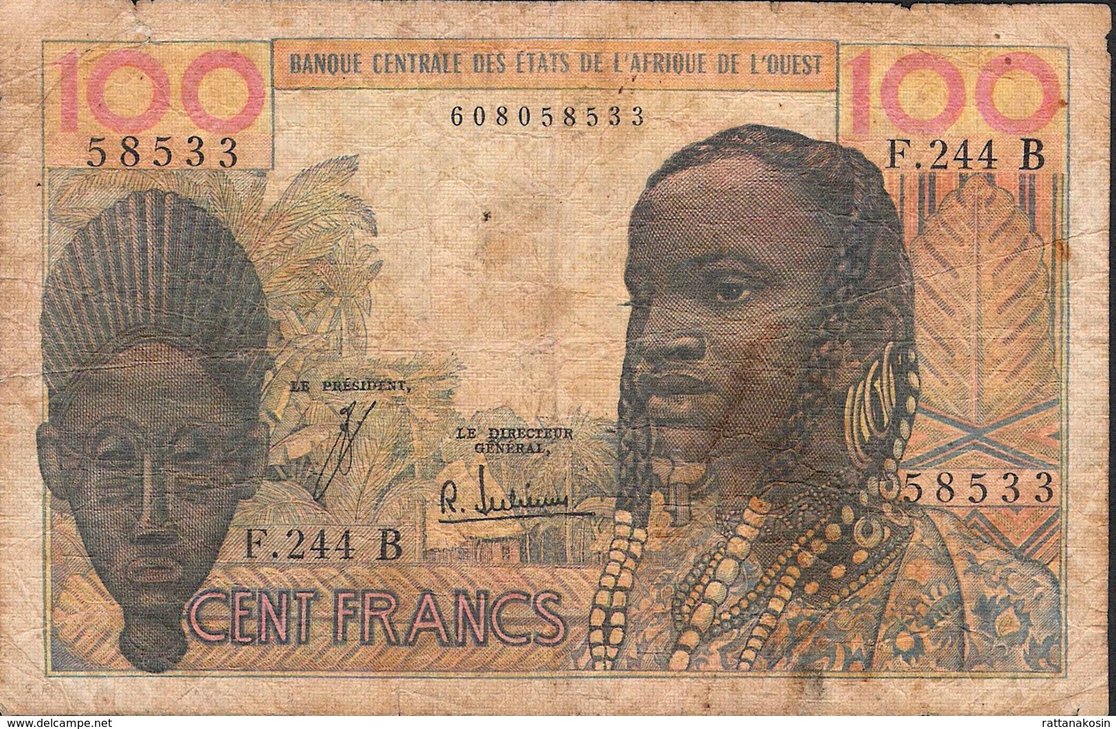 W.A.S. LETTER B = BENIN  P201Bf  100 FRANCS  ND (1965) Signature 4 FINE - Bénin