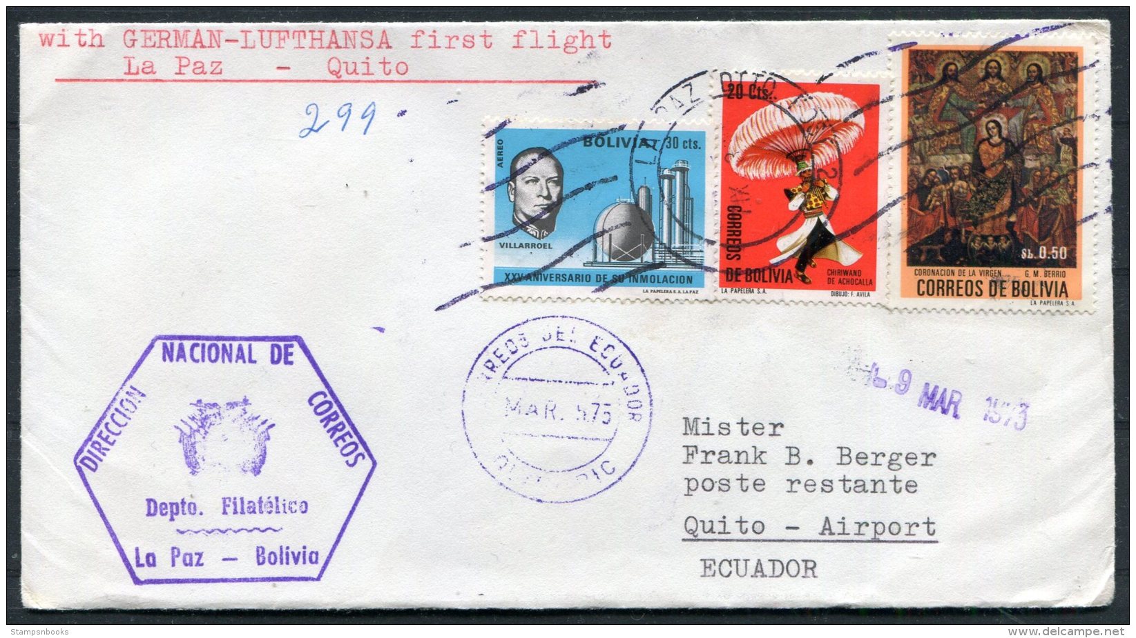 1973 Bolivia Lufthansa First Flight Cover. La Paz -  Quito Ecuador - Bolivia