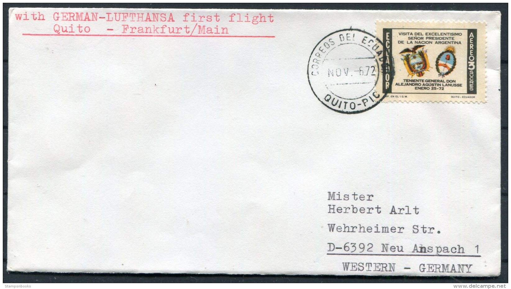 1972 Lufthansa First Flight Cover. Quito Ecuador -  Frankfurt - Ecuador