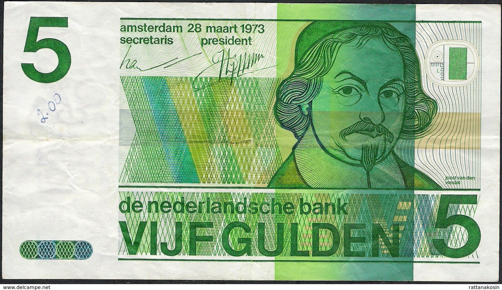 PAYS-BAS  P95  5  GULDEN   1973  Small Writing Otherwise VF, NO P. H. ! - 5 Gulden