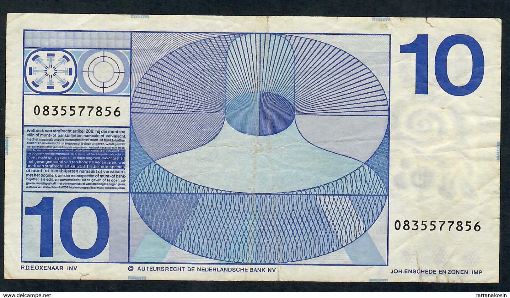 PAYS-BAS  P91b  10  GULDEN   1968   Serial # 0835577856   VF NO P.h. ! - 10 Gulden