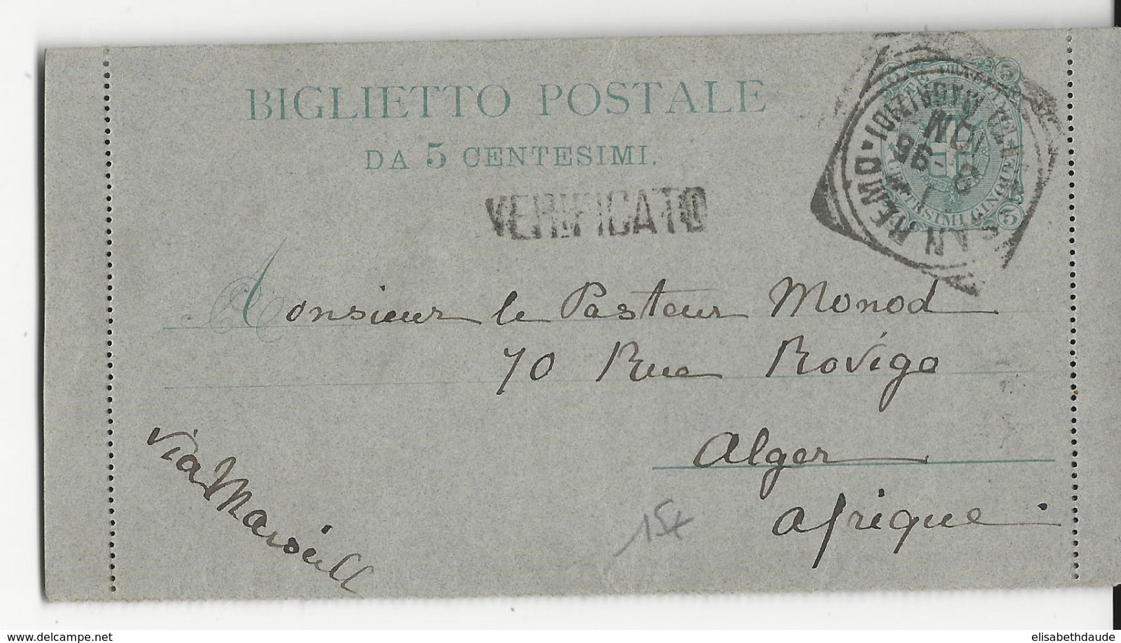 ITALIE - 1896 - CARTE-LETTRE ENTIER POSTAL "VERIFICATO" De SAN REMO Pour ALGER (AFRIQUE DU NORD) - Entiers Postaux