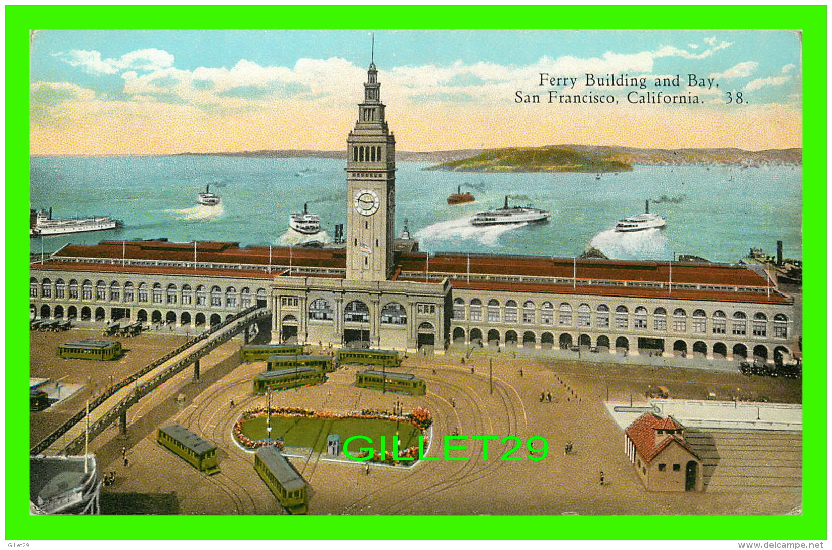 SAN FRANCISCO, CA - FERRY BUILDING &amp; BAY  - ANIMATED TRAMWAYS - SUPER-TONE CARDS - PACIFIC STATIONERY - - San Francisco