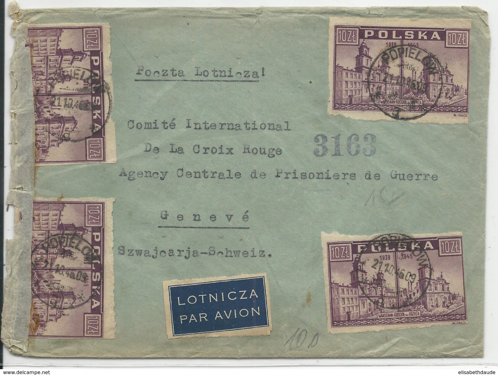 POLOGNE - 1946 - ENVELOPPE Par AVION Avec CENSURE De POPIELOW Pour GENEVE (PRISONNIERS DE GUERRE - CROIX ROUGE) - Brieven En Documenten