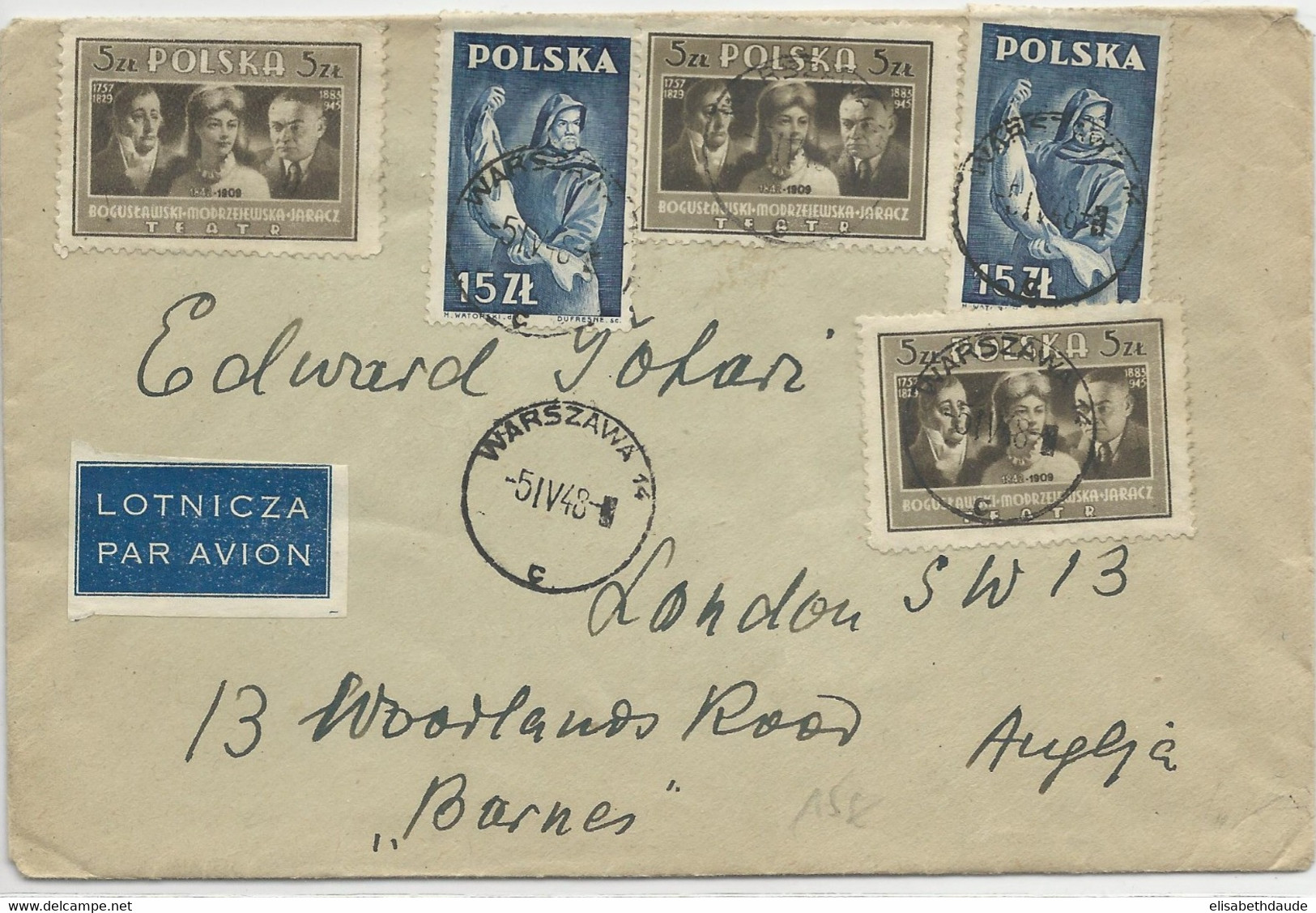 POLOGNE - 1948 - ENVELOPPE Par AVION De VARSOVIE Pour LONDON (GB) - Briefe U. Dokumente