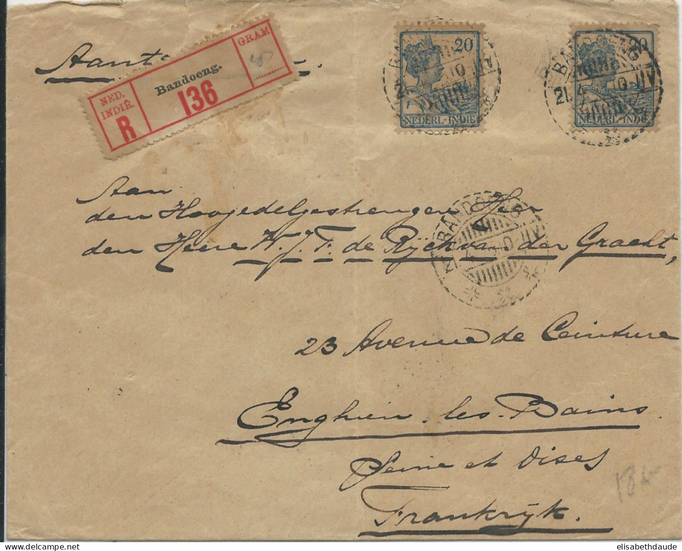 INDES NEERLANDAISES - 1925 - ENVELOPPE (VIGNETTE AU DOS -SIEHE RÜCKSEITE) RECOMMANDEE De BANDOENG Pour ENGHIEN LES BAINS - Indes Néerlandaises