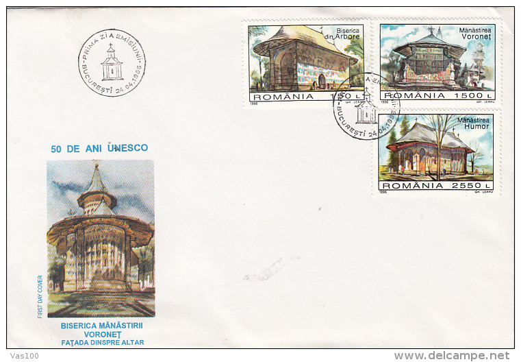 ARCHITECTURE, VORONET, ARBORE, HUMOR, MONASTERIES, COVER FDC, 1996, ROMANIA - Abadías Y Monasterios