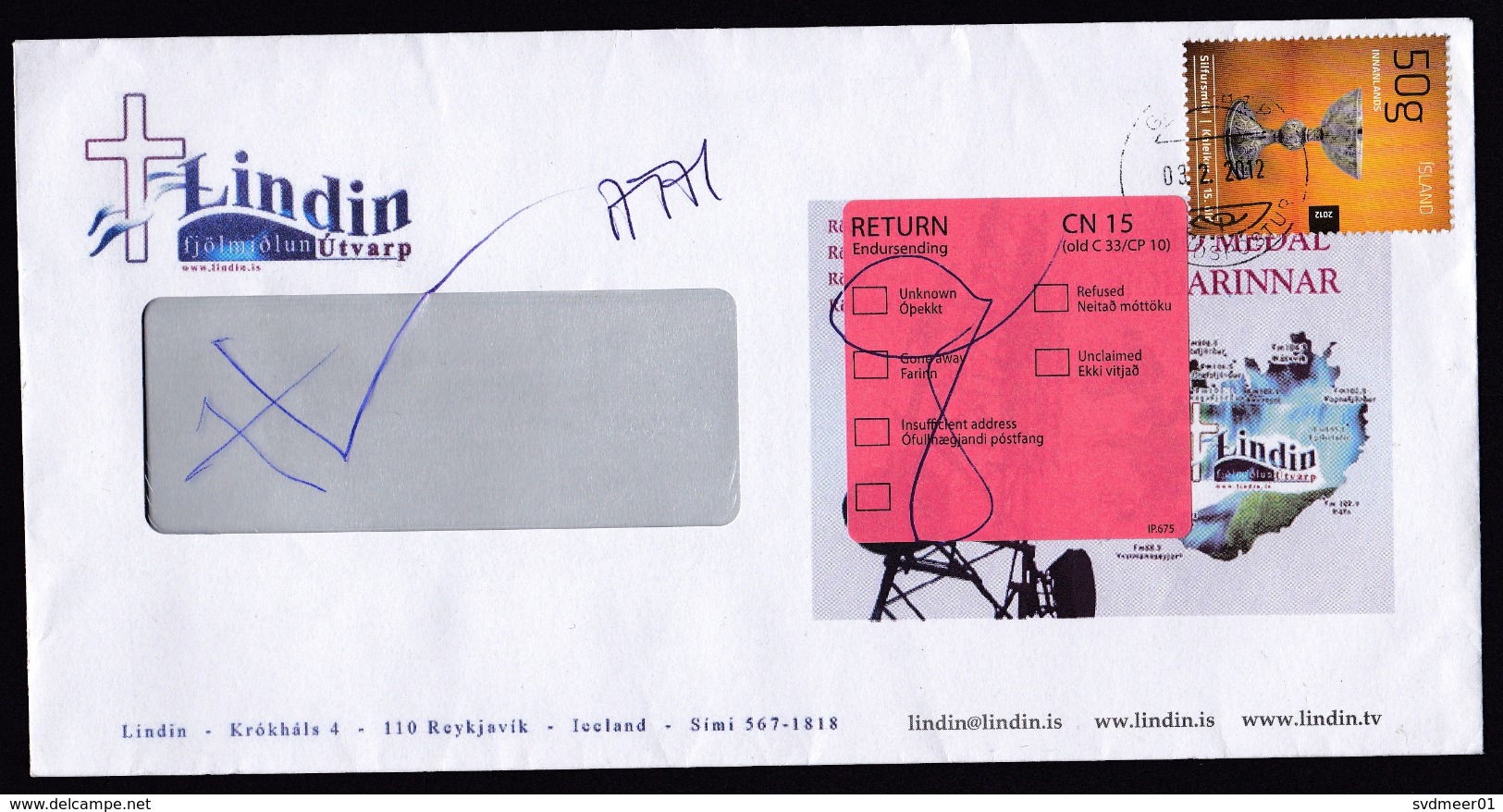 Iceland: Cover, 2012, 1 Stamp, Medieval Grail, Returned, Retour Label CN15 (traces Of Use) - Covers & Documents