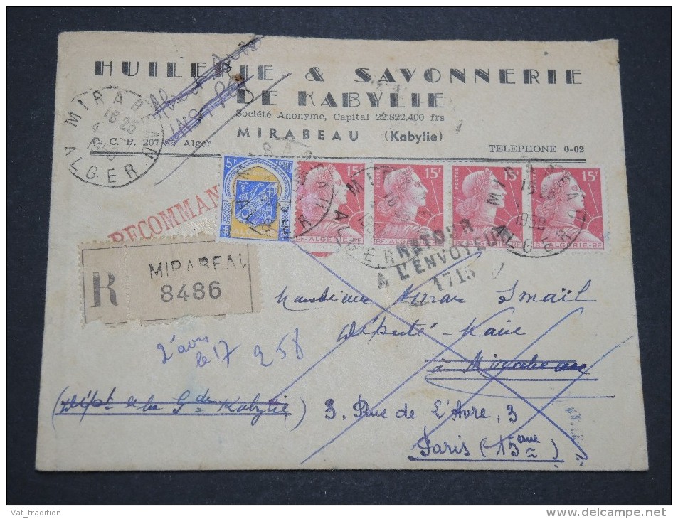 FRANCE / ALGÉRIE - Enveloppe En Recommandé De Mirabeau Pour La France En 1950 , Affr. Plaisant - A Voir - L 5495 - Covers & Documents