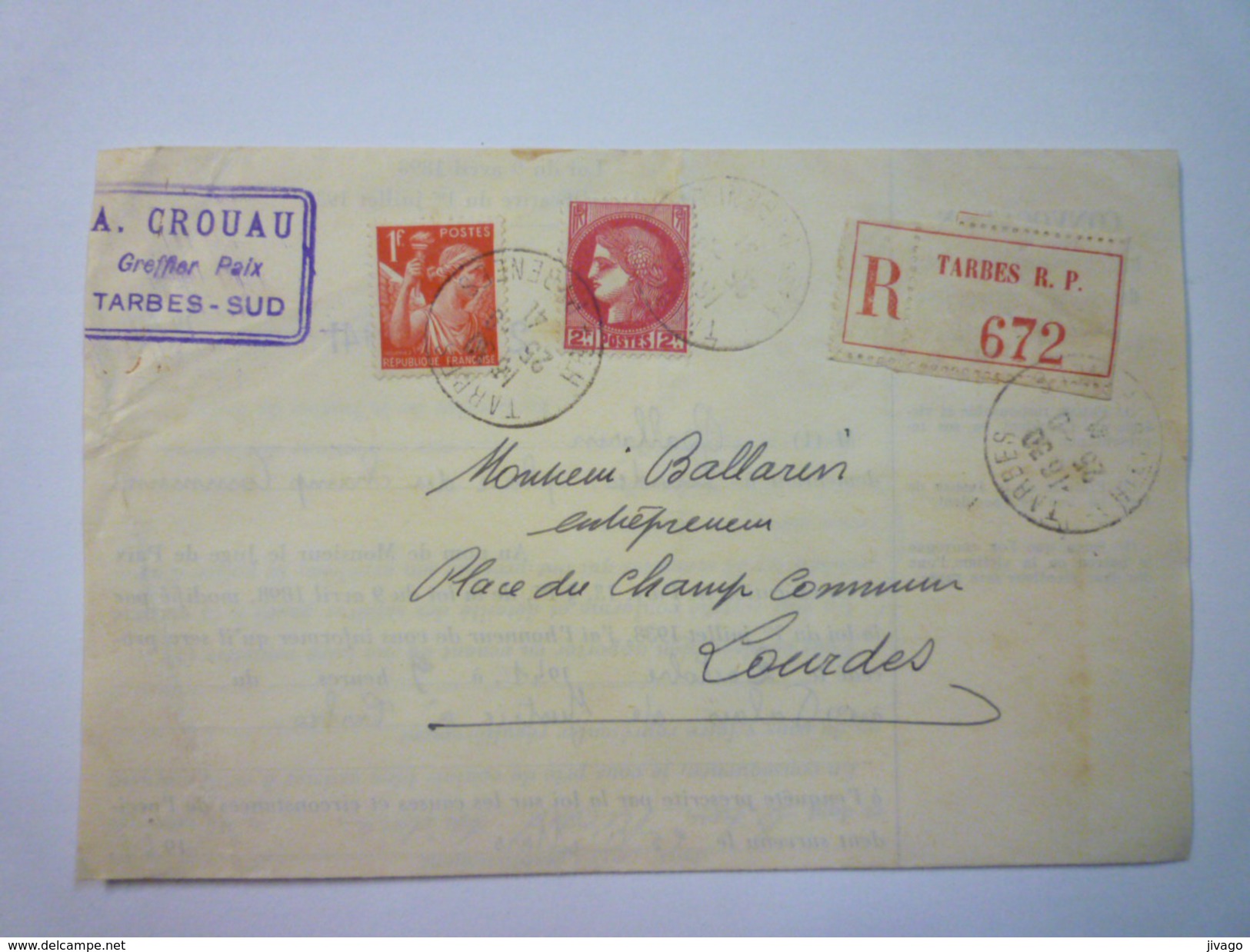 ENVELOPPE  REC Au Départ De TARBES  à Destination De  LOURDES  1941  - 1938-42 Mercurio