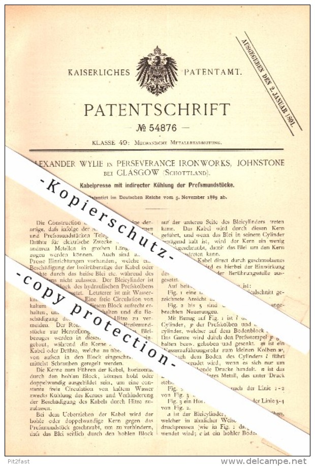 Original Patent - Alexander Wylie In Perseverance Ironworks , Johnstone B. Glasgow , 1889 , Cable Press With Cooling !!! - Renfrewshire