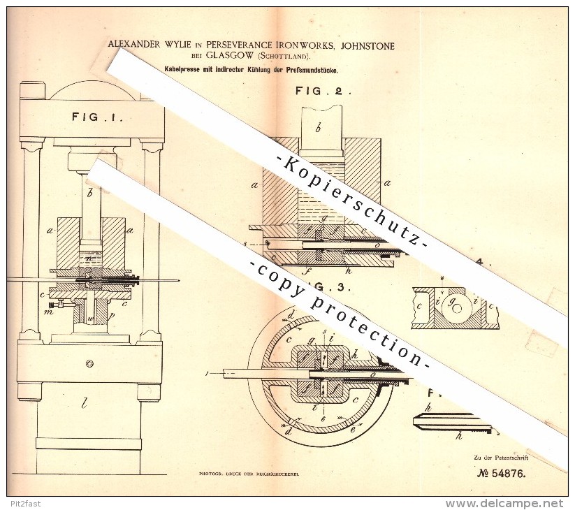 Original Patent - Alexander Wylie In Perseverance Ironworks , Johnstone B. Glasgow , 1889 , Cable Press With Cooling !!! - Renfrewshire
