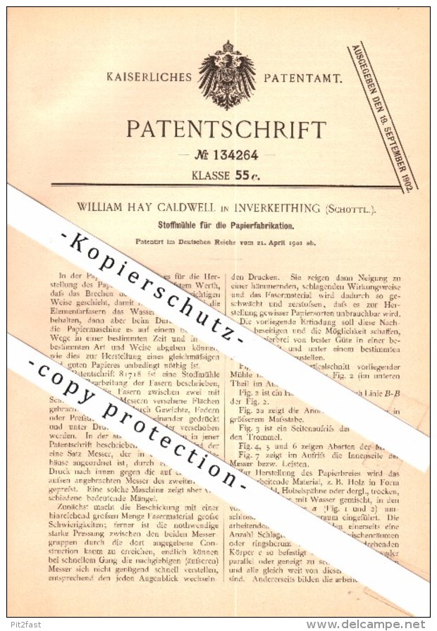 Original Patent - William Hay Caldwell In Inverkeithing , 1901 , Scotland Mill For Paper Factory !!! - Fife