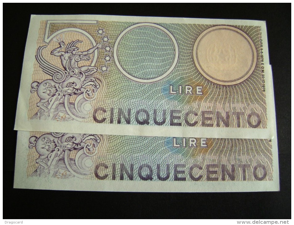 Lotto 2 Banconote Serie Consecutive  500 LIRE MERCURIO 1976 FDS - 500 Liras