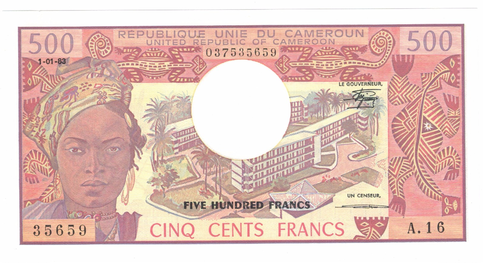 Cameroon, 500 Fr. AUNC/UNC. Free Economic Ship. To USA - Cameroun