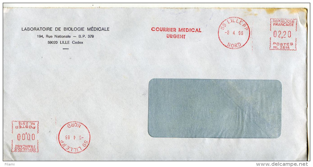 EMA Santé,Courrier Médical Urgent Laboratoire De Biologie Médicale Lille,lettre Obliterée 8 Et 9.4.1986 - Medizin