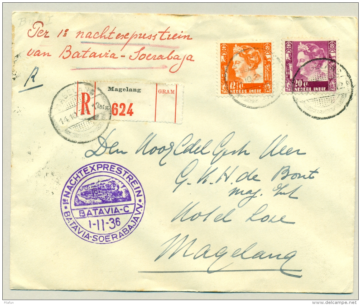 Nederlands Indië - 1936 - R-cover Met PV Magelang, LBnr Magelang En Nachtexprestrein Batavia - Nederlands-Indië