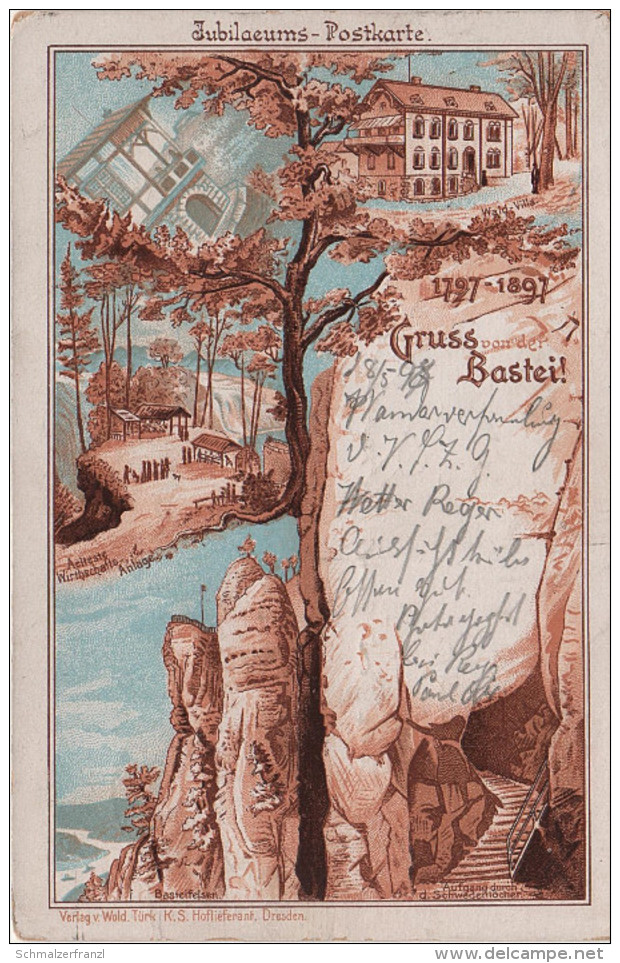 Litho Jubiläums AK Bastei 1797 - 1897 Hotel Gasthof Baude Wald Villa Sächsische Schweiz Rathen Wehlen Lohmen Rathewalde - Bastei (sächs. Schweiz)