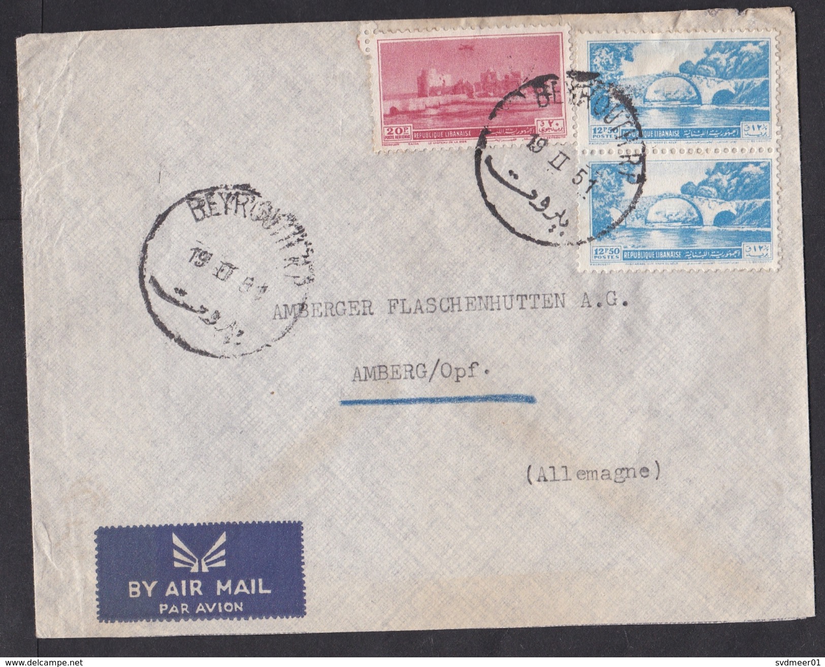 Lebanon: Airmail Cover To Germany, 1951, 3 Stamps, Bridge, Castle, History (minor Damage, See Scan) - Libanon