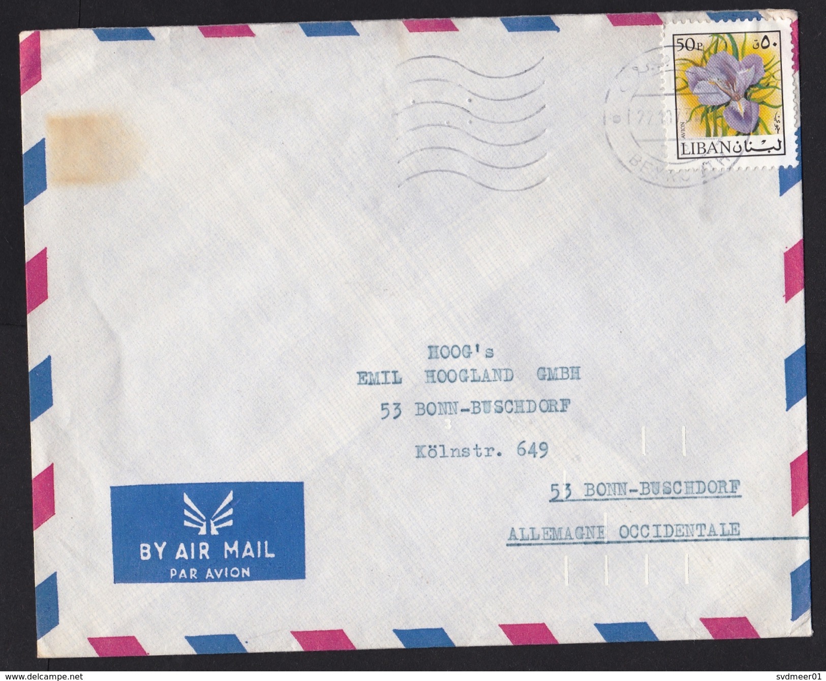 Lebanon: Airmail Cover To Germany, 1973, 1 Stamp, Flower (minor Damage, See Scan) - Lebanon