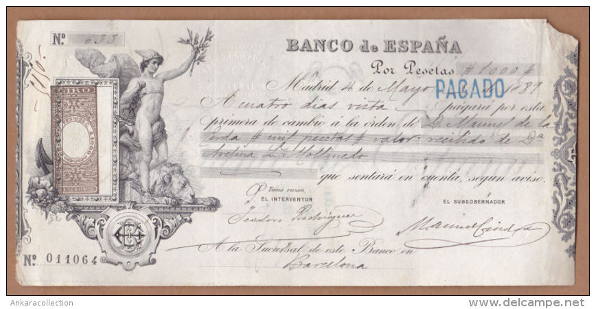 AC - BANCO DE ESPANA 1889 DATED 1000 PESETAS CHEQUE - Spanien