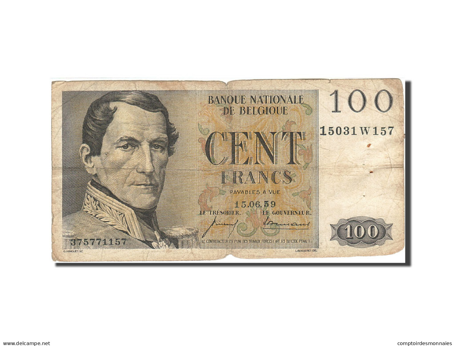 Billet, Belgique, 100 Francs, 1950-1952, 1959-06-15, KM:129c, B+ - 100 Francs