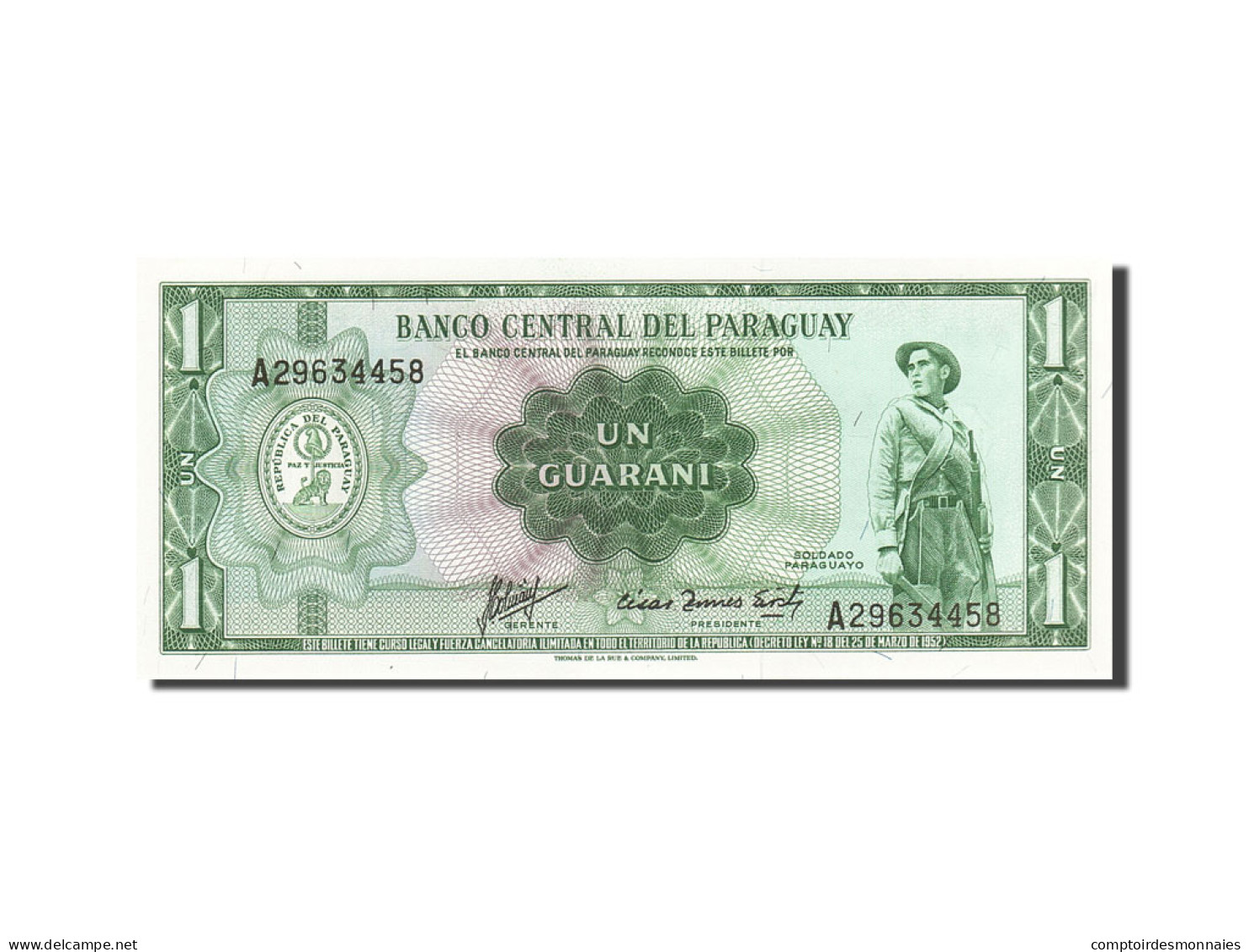 Billet, Paraguay, 1 Guarani, 1952, 1952, KM:193b, SPL - Paraguay