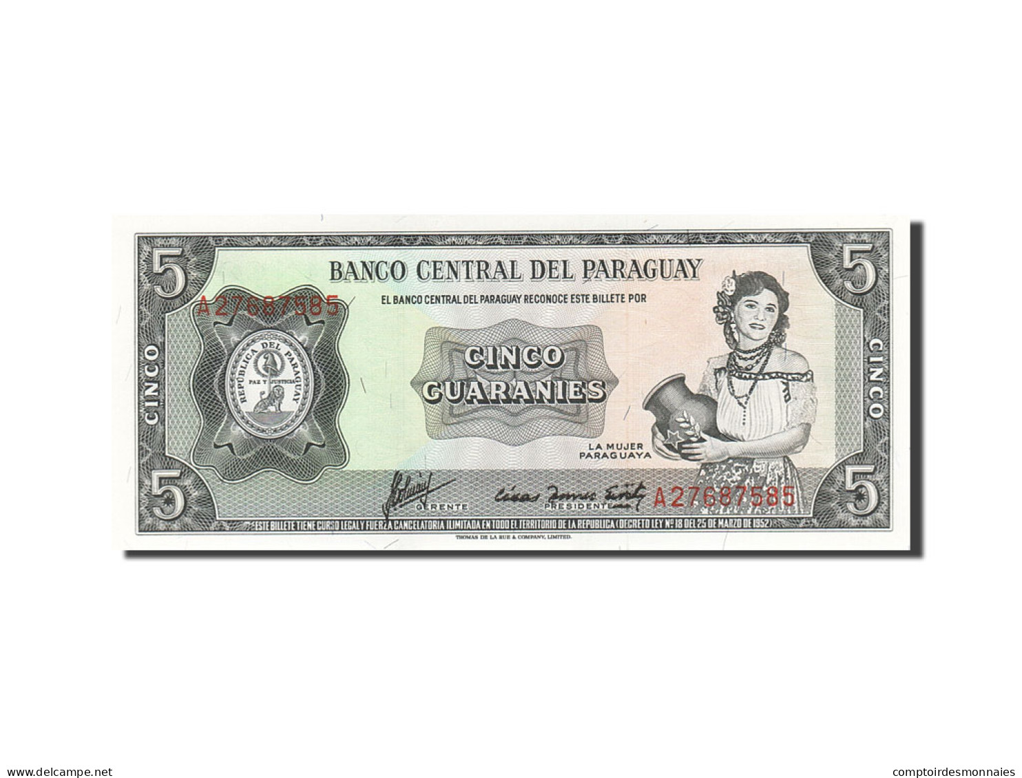 Billet, Paraguay, 5 Guaranies, 1952, 1952, KM:195b, SPL - Paraguay