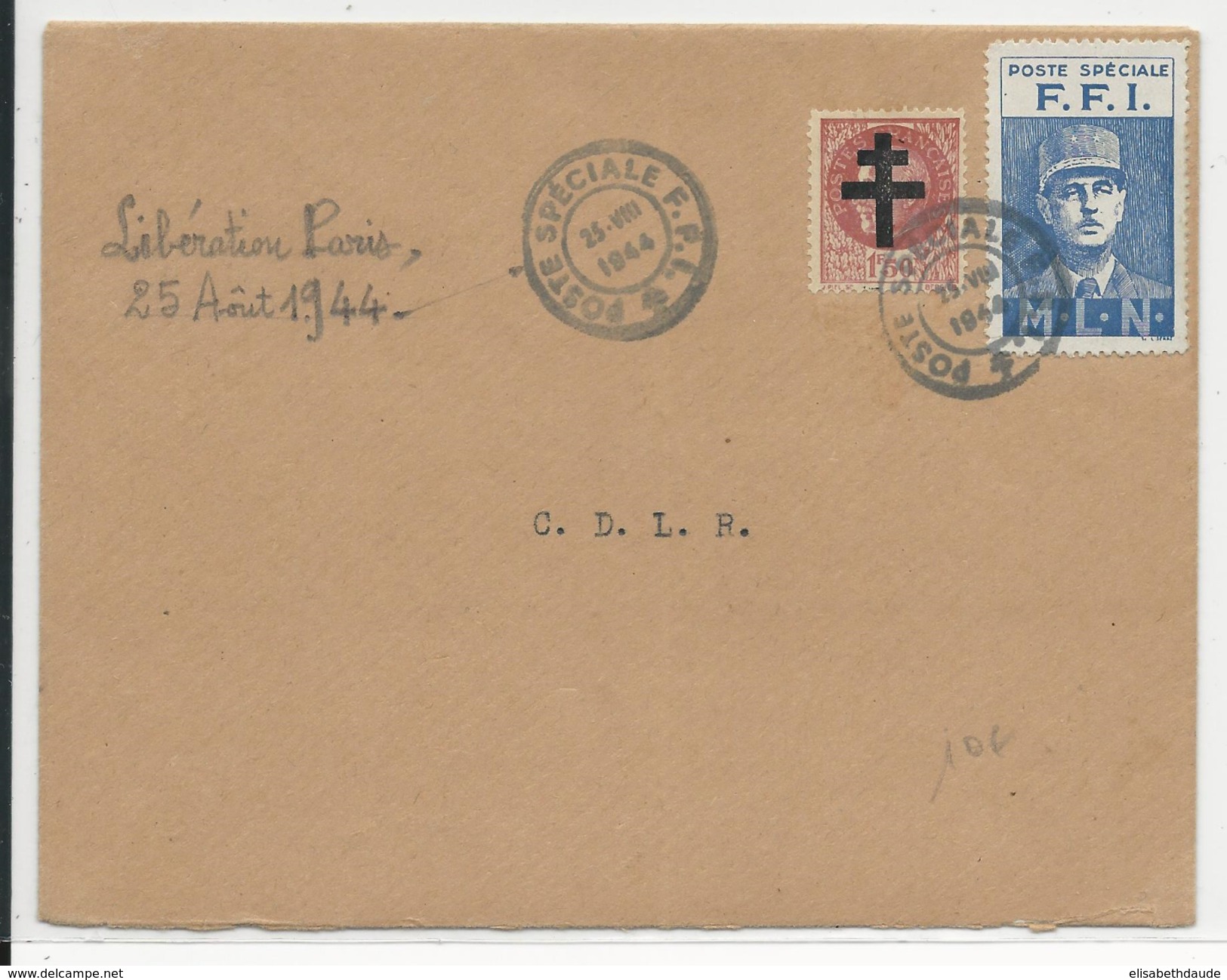 25 AOUT 1944 - LIBERATION De PARIS - ENVELOPPE Avec OBLITERATION De La POSTE SPECIALE FFI - Guerre De 1939-45