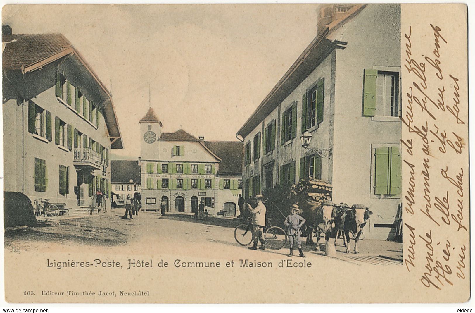 Lignieres Poste Hotel De Commune Et Maison D' Ecole Attelage Boeufs Colorisée Lampe Petrole Vers Caux 1906 - Lignières