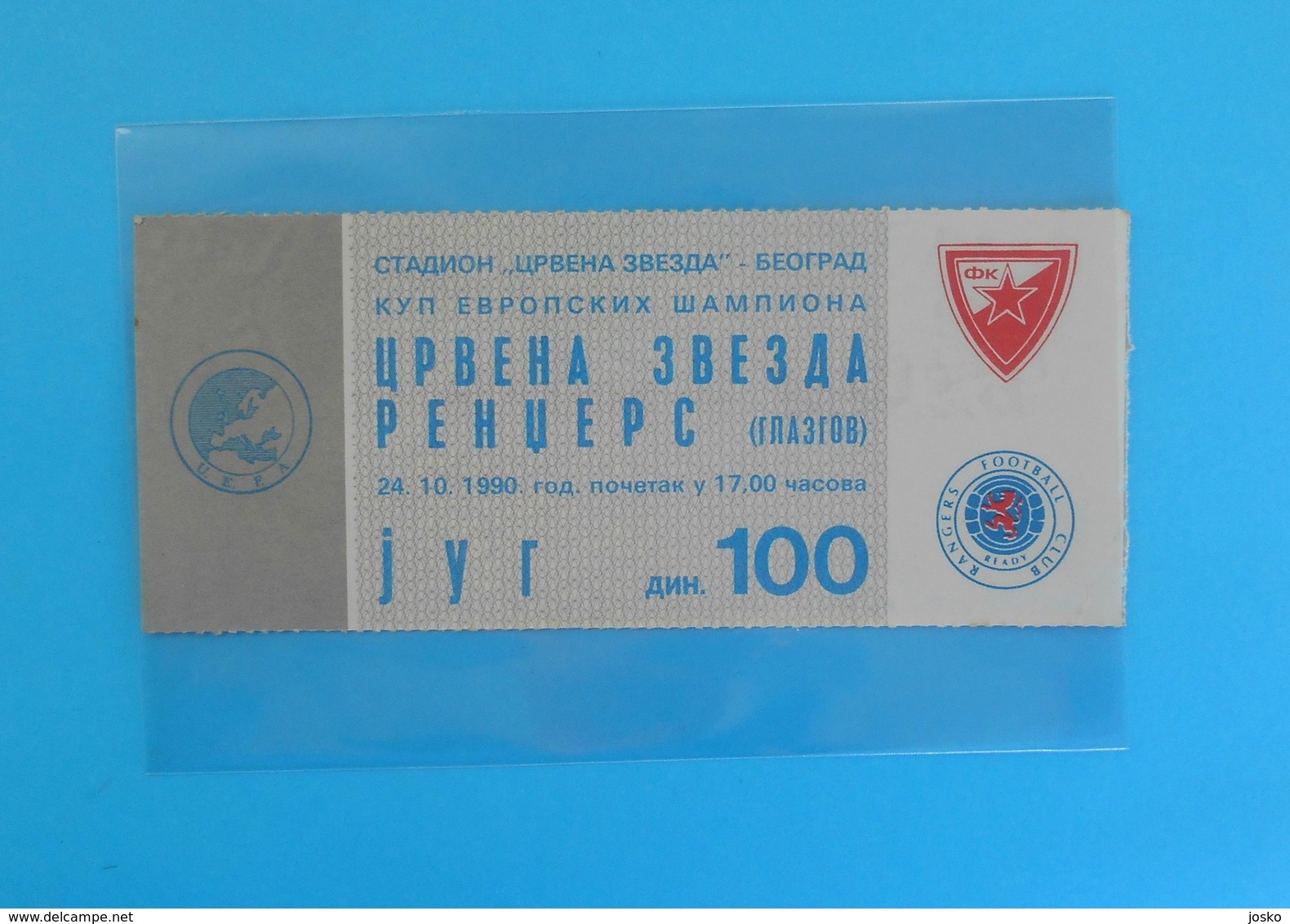 FC RED STAR Vs GLASGOW RANGERS FC - 1990 UEFA CHAMPIONS LEAGUE Football Soccer Ticket Foot Fussball Scotland British - Match Tickets