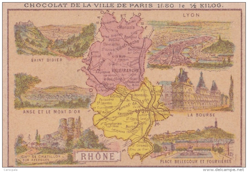 1900 CARTE DU DEPARTEMENT DU RHONE / PUBLICITE CHOCOLAT DE LA VILLE DE PARIS - Autres & Non Classés