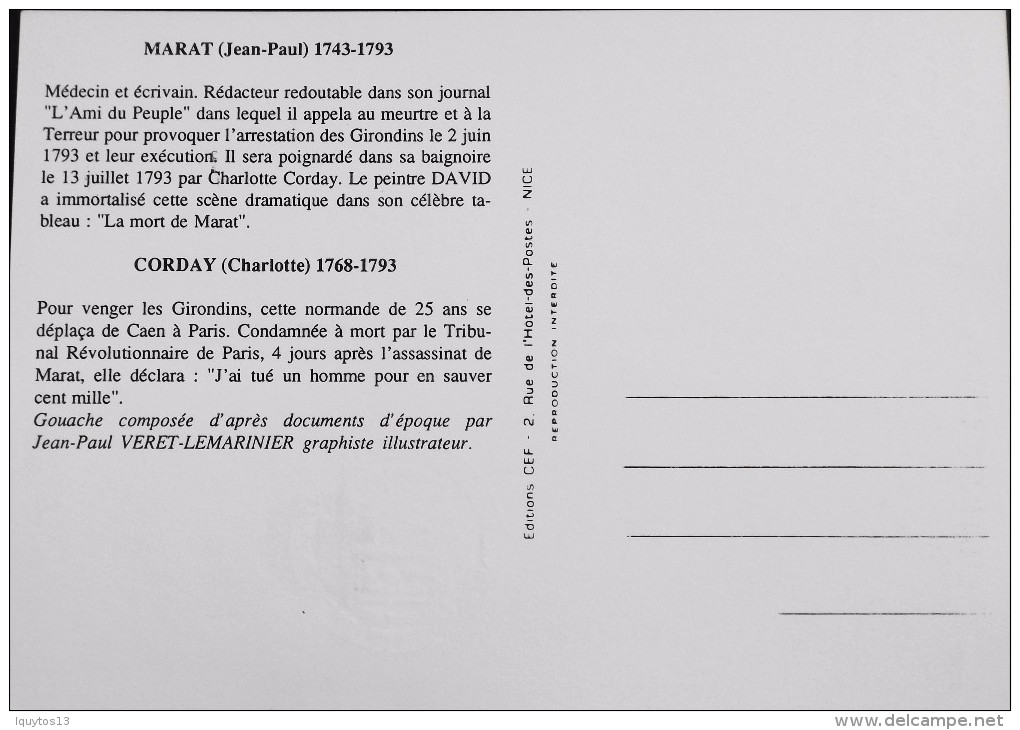 CP. - 1er JOUR 1989 - Bicent. De La Révolution Française - MARAT - CORDAY - Versailles Le 26.08.1989 - SUPERBE - 1980-1989