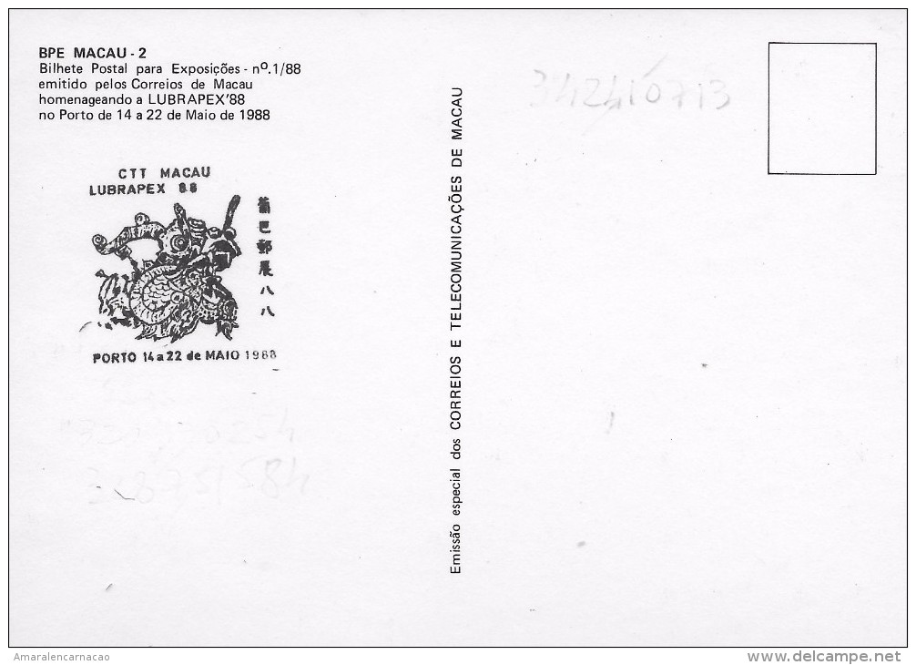 2 SCANS - CARTE MAXIMUM - MAXIMUM CARD - MACAO / MACAU- PORTUGAL -1988- ANNÉE LUNAIRE DU DRAGON-OBL. TRIPLE -LUBRAPEX 88 - Cartes-maximum