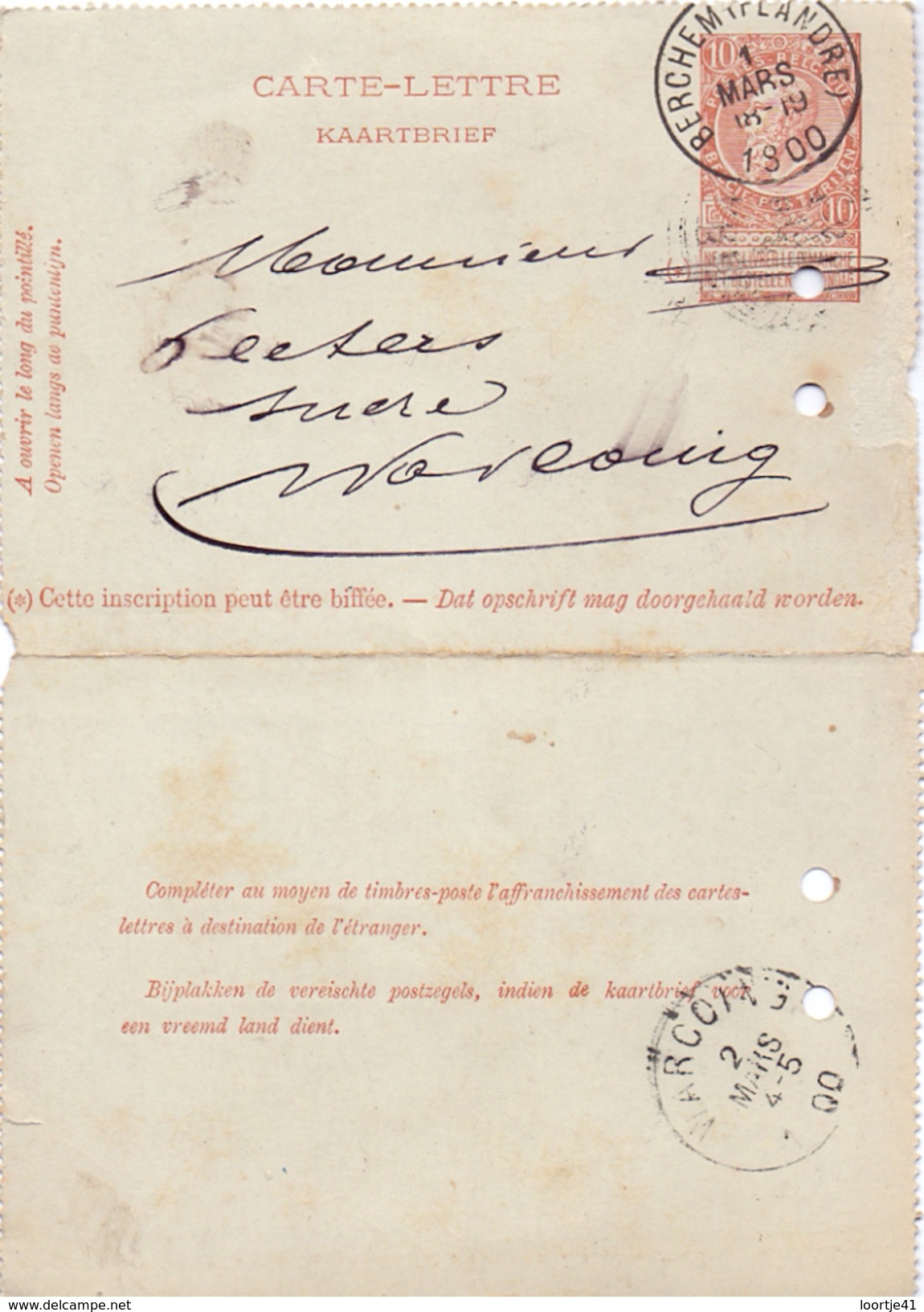 Omslag Brief - Carte Lettre - Stempel Berchem Naar Warcoing - 1900 - Enveloppes-lettres