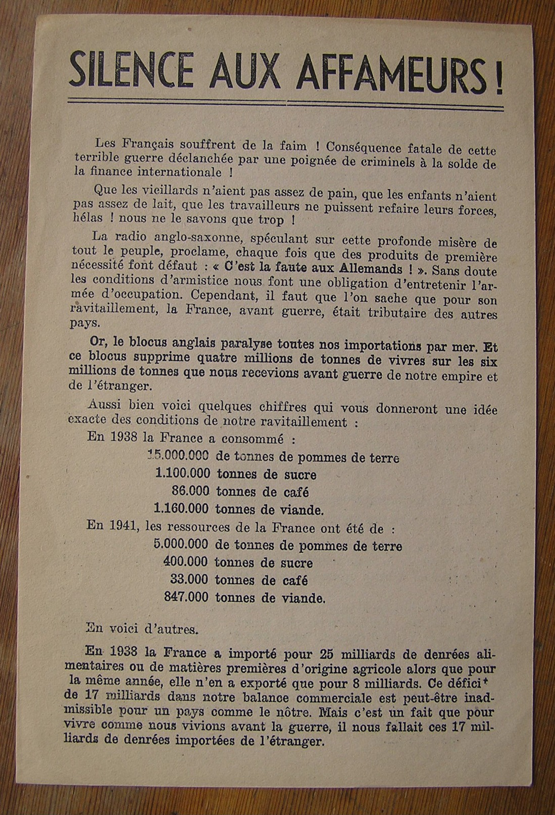1942 TRACT VICHYSTE COLLABO "SILENCE AUX AFFAMEURS"LES FRANCAIS SOUFFRENT DE LA FAIM CE N'EST PAS LA FAUTE AUX ALLEMANDS - 1939-45