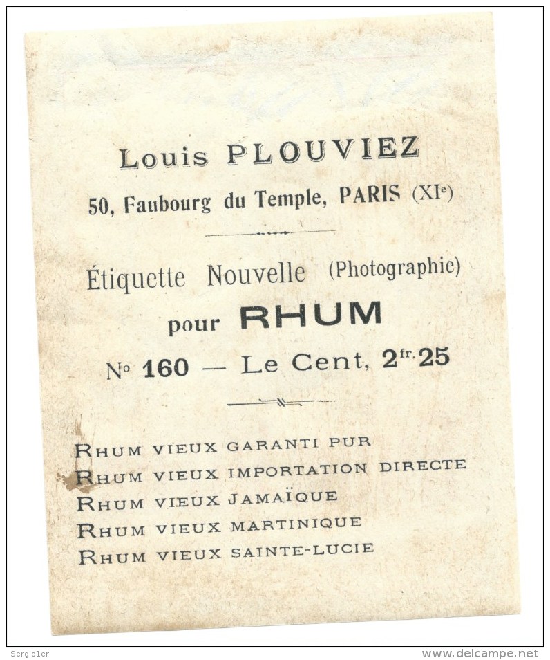 Ancienne Etiquette Rhum  Vieux  Importation Directe  Etiquette Vernie    Louis Plouviez Paris N°160 Spécimen Femme Sein - Rhum