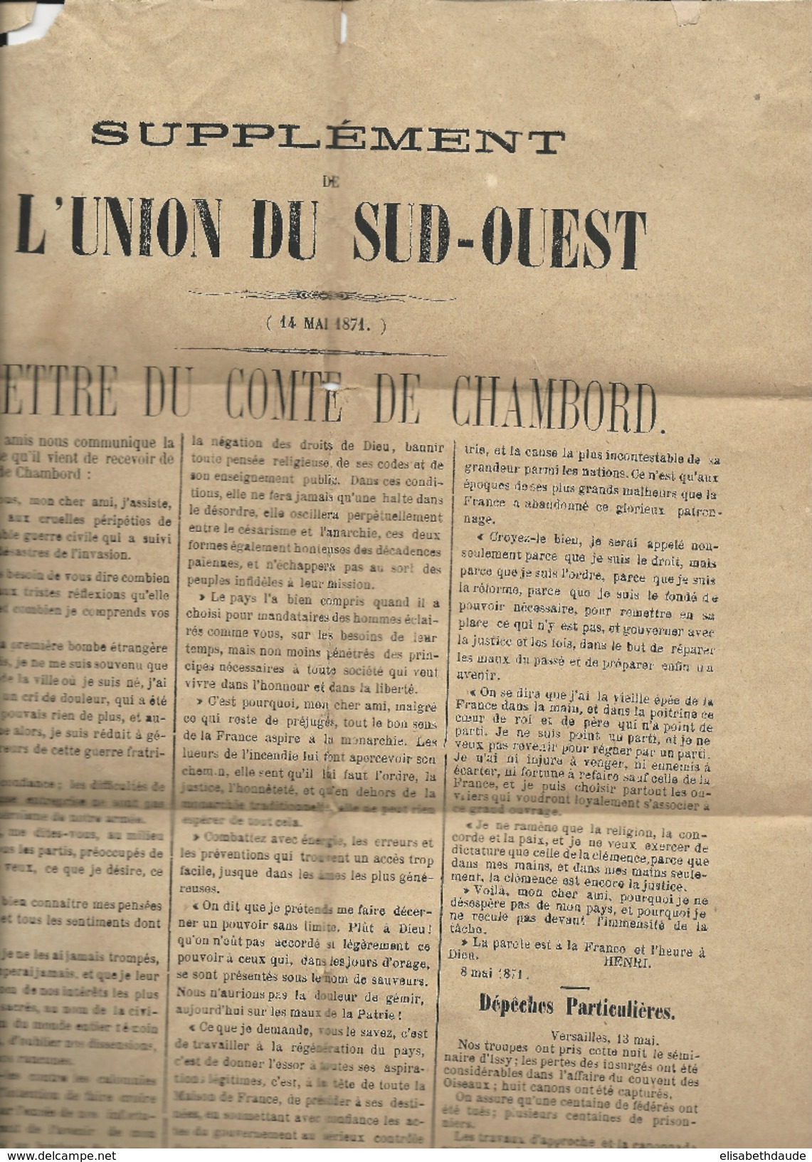 1871 - TYPE BORDEAUX 2c REPORT 2 Sur AFFICHE Sous BANDE (MANQUE BANDE) - LETTRE COMTE De CHAMBORD (GUERRE 1870/COMMUNE) - 1849-1876: Klassik