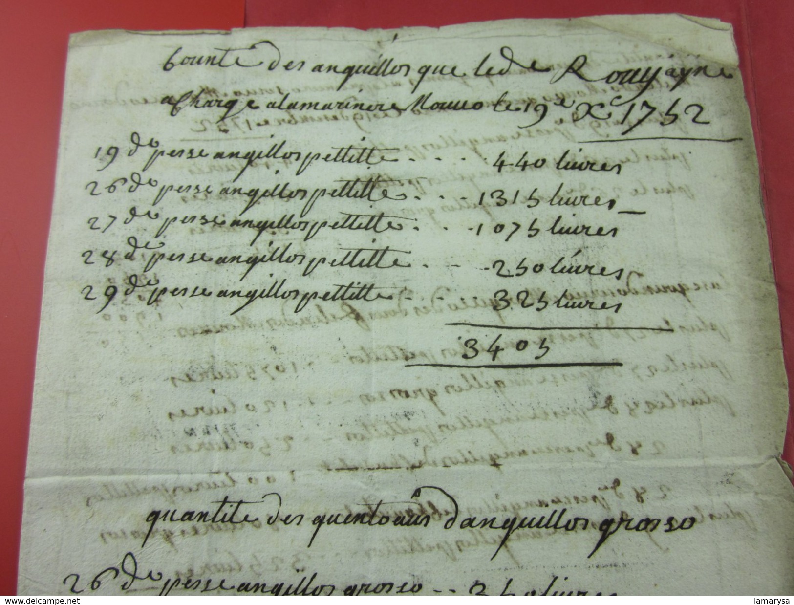 Vecchia Fatturo Di 1752 Anguille Pesci TESTAMONNO MONT ANGUILLOS ANCIENNE FACTURE ITALIA Vieux Papiers Manuscrit Lire.. - Manuscripten