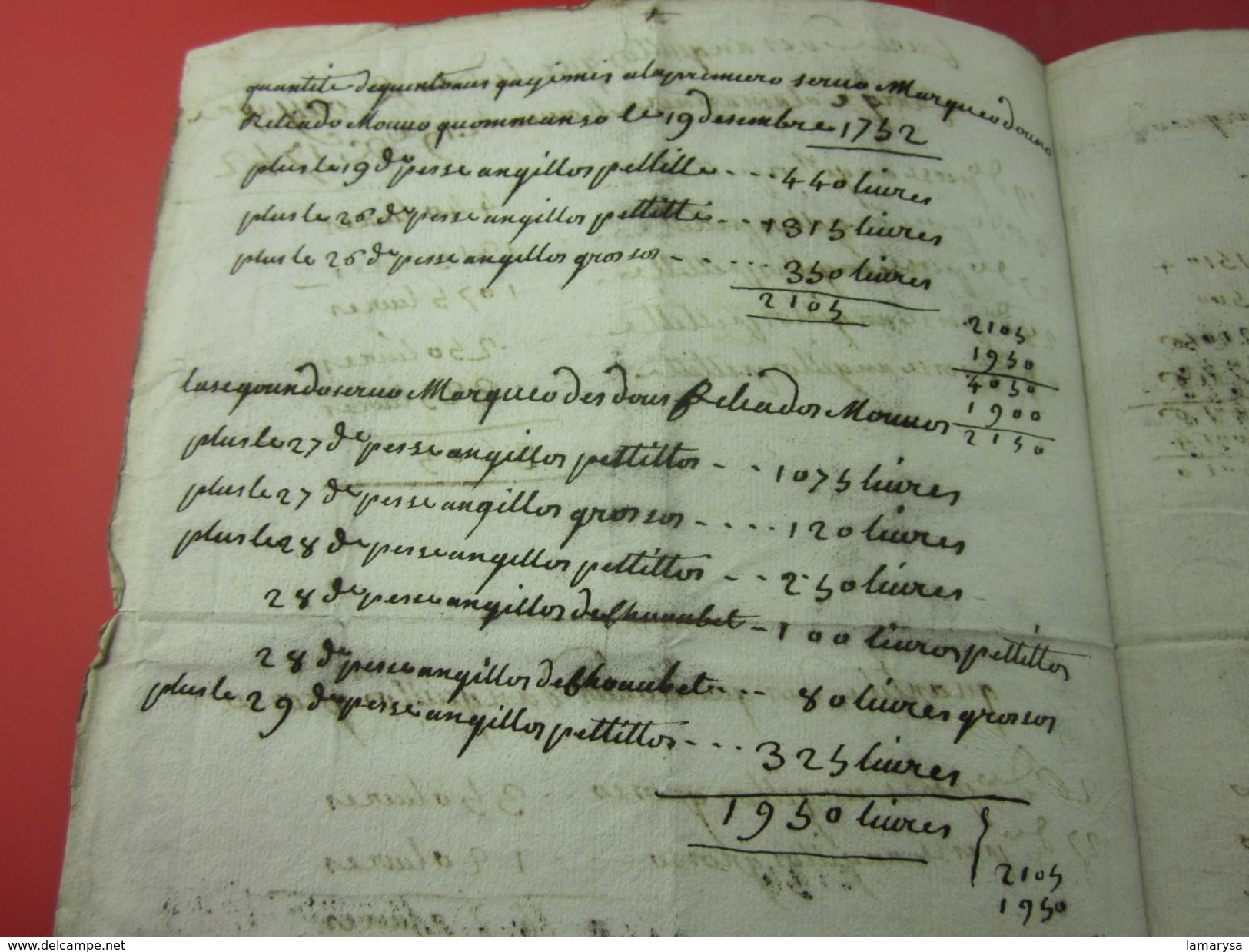 Vecchia Fatturo Di 1752 Anguille Pesci TESTAMONNO MONT ANGUILLOS ANCIENNE FACTURE ITALIA Vieux Papiers Manuscrit Lire.. - Manuscripten