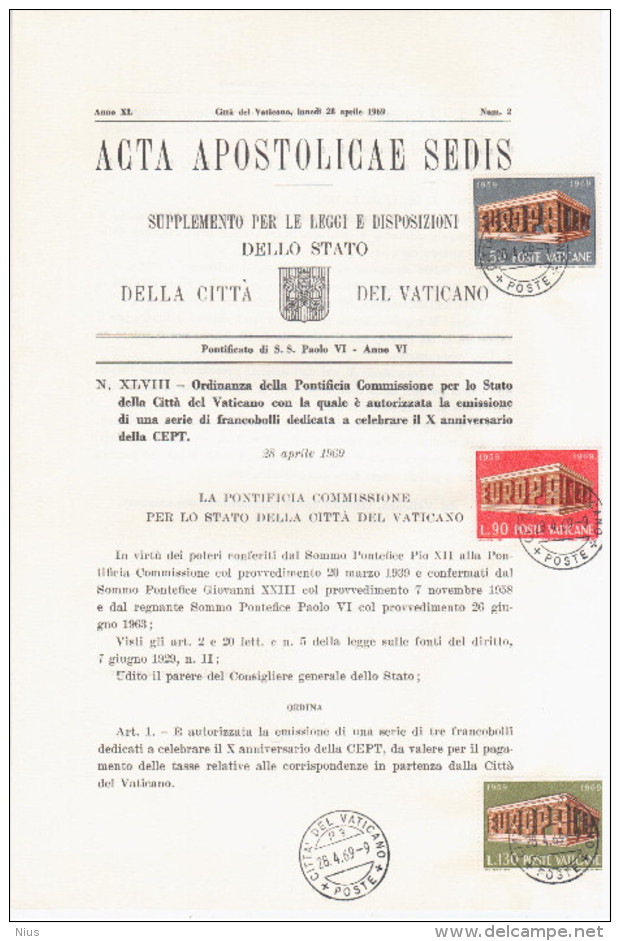 Vatican Vaticane Vaticano 1969 First Day Sheet, Europa Europe - Carnets