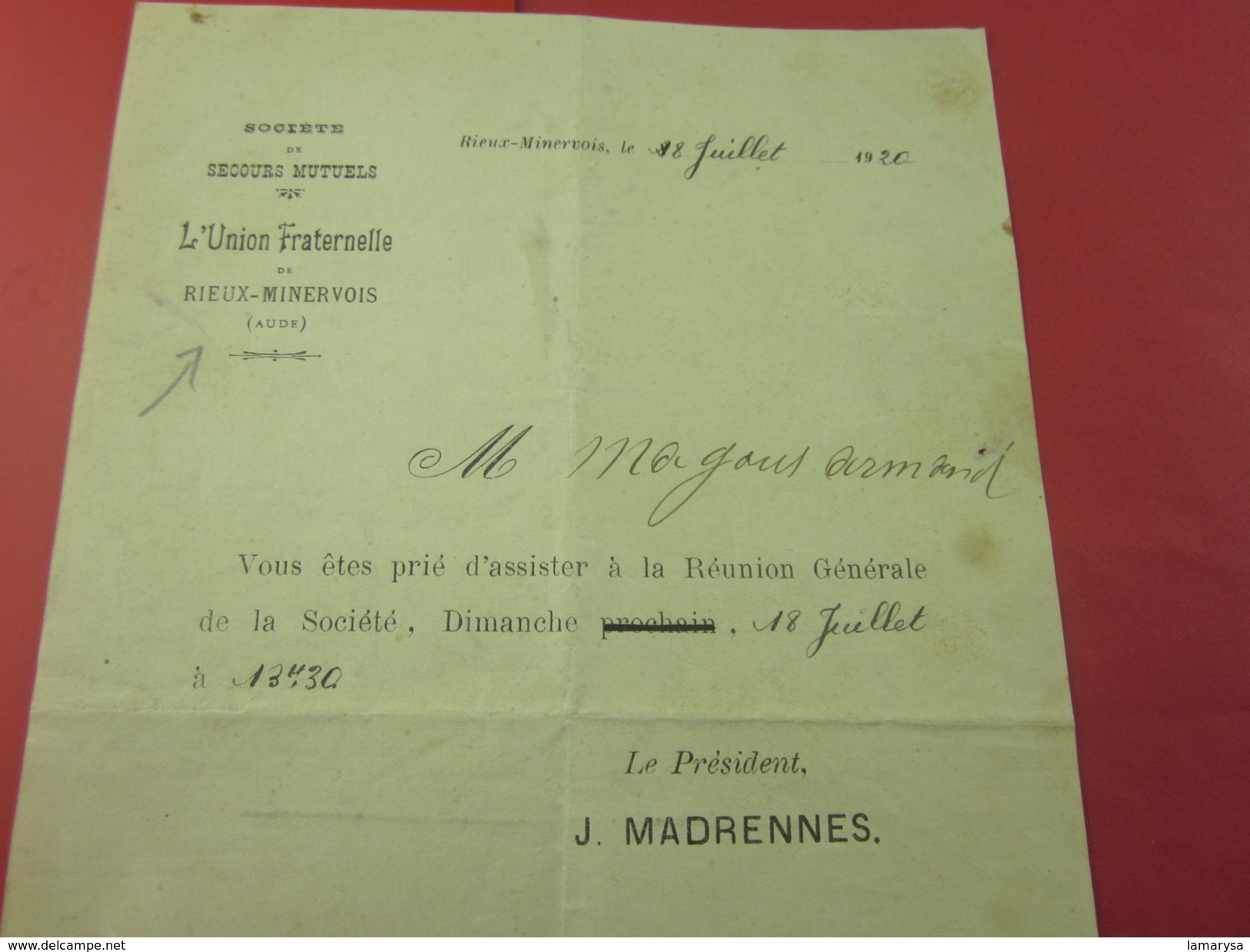 18 Juil 1920 Rieux-Minervois Aude 11 Société Secours Mutuel Union Fraternelle Réunion Générale Lire Ordre Du Jour - Documentos Históricos